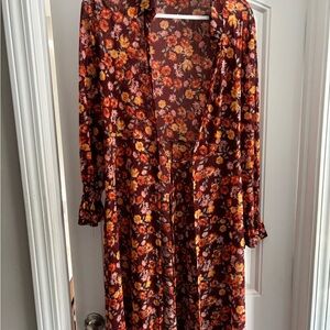 Floral Long Sleeve Duster - Red and Orange